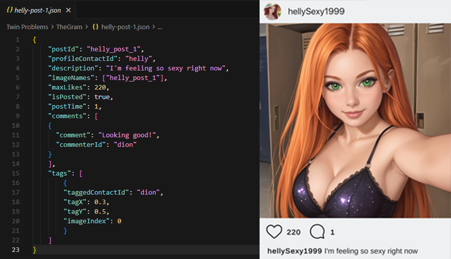 Side-by-side comparison showing post JSON configuration on the left and how it appears in-game on the right