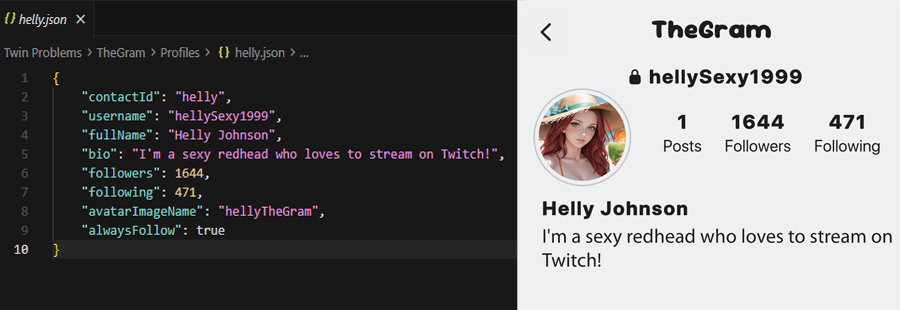 Side-by-side comparison showing profile JSON configuration on the left and how it appears in-game on the right